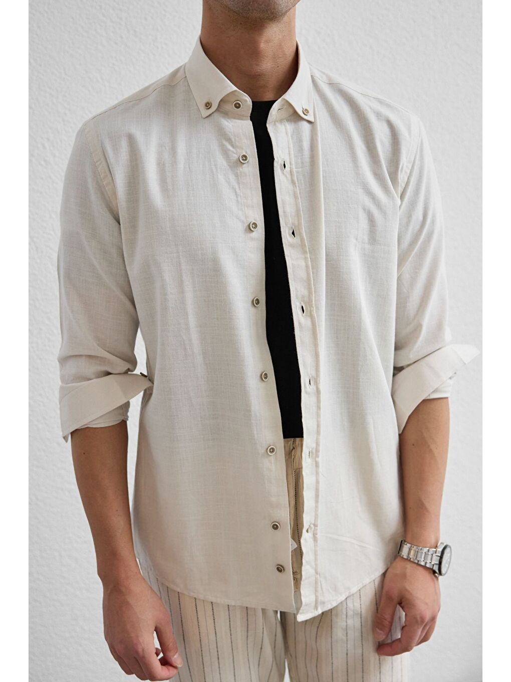 Bej Turi Erkek Pamuk Gömlek Modern Slim Fit Keten Görünümlü Uzun Kol-1