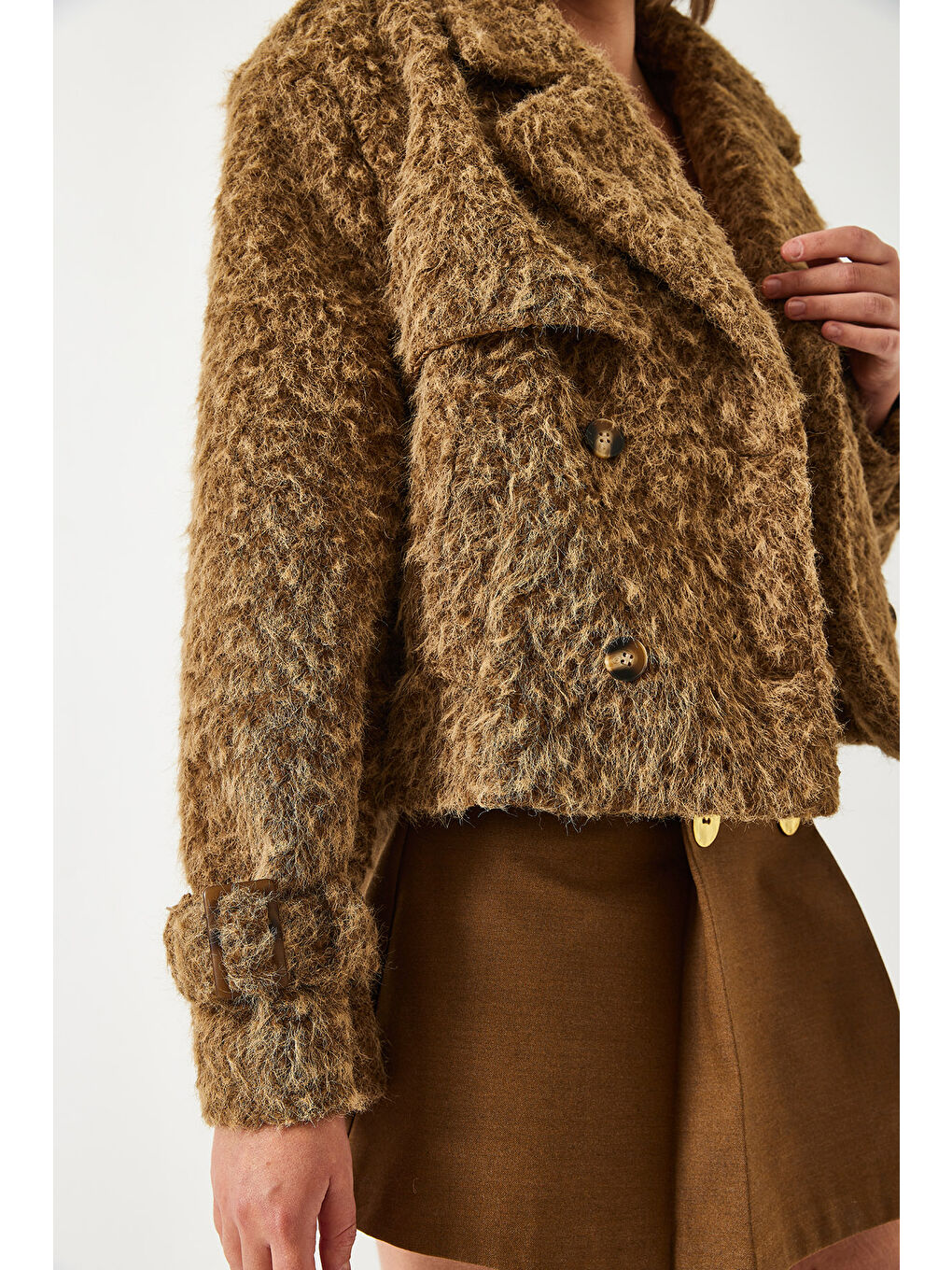 Kahverengi Kadın Kırçıllı Astarlı Kaşe Ceket-4