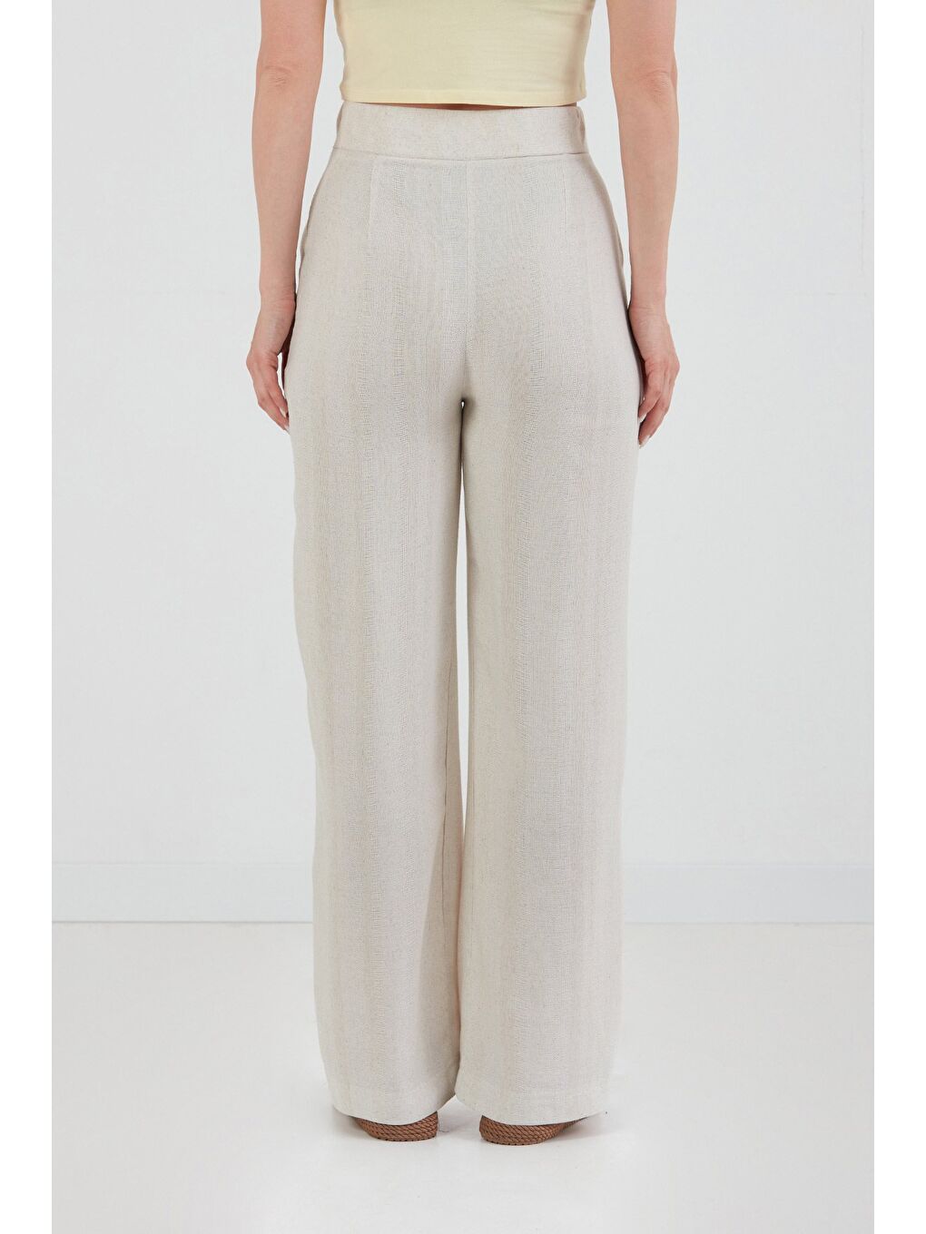 Bej Yüksek Bel Palazzo Keten Pantolon-3