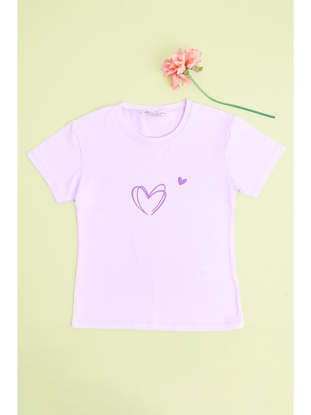 Lila Kalp Baskılı Bisiklet Yaka Kız Çocuk Tişört