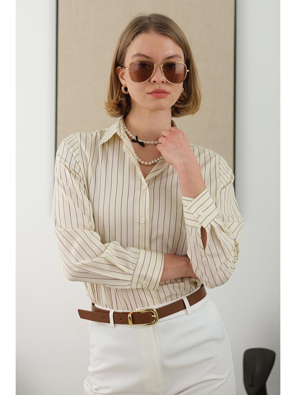 Çizgili Fit Gömlek Soft Sarı-2