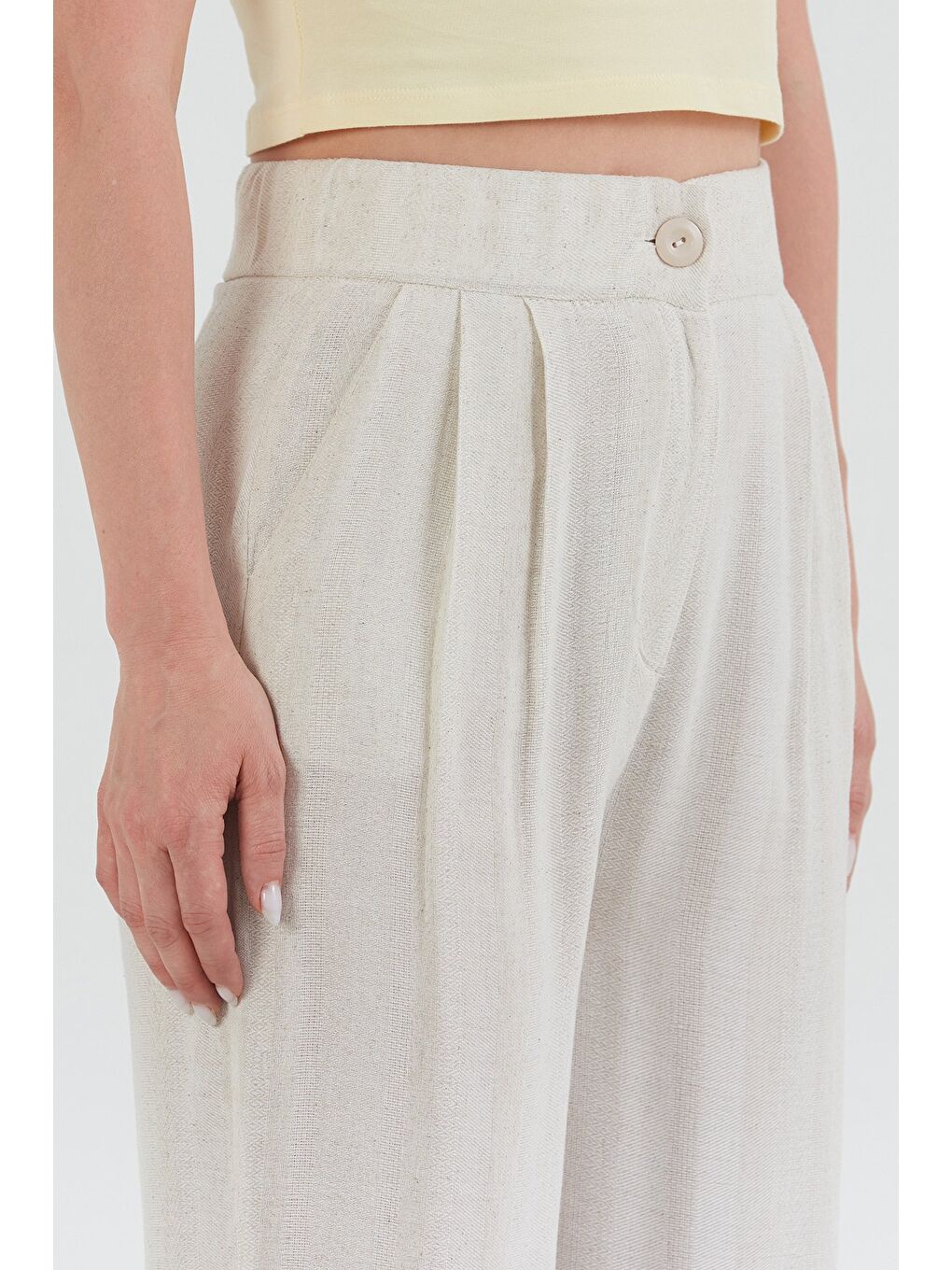 Bej Yüksek Bel Palazzo Keten Pantolon-4