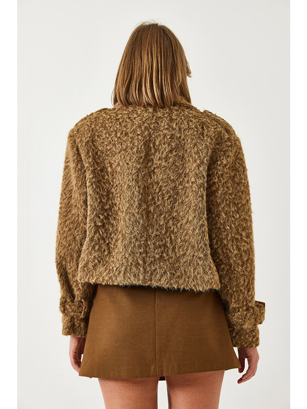 Kahverengi Kadın Kırçıllı Astarlı Kaşe Ceket-5