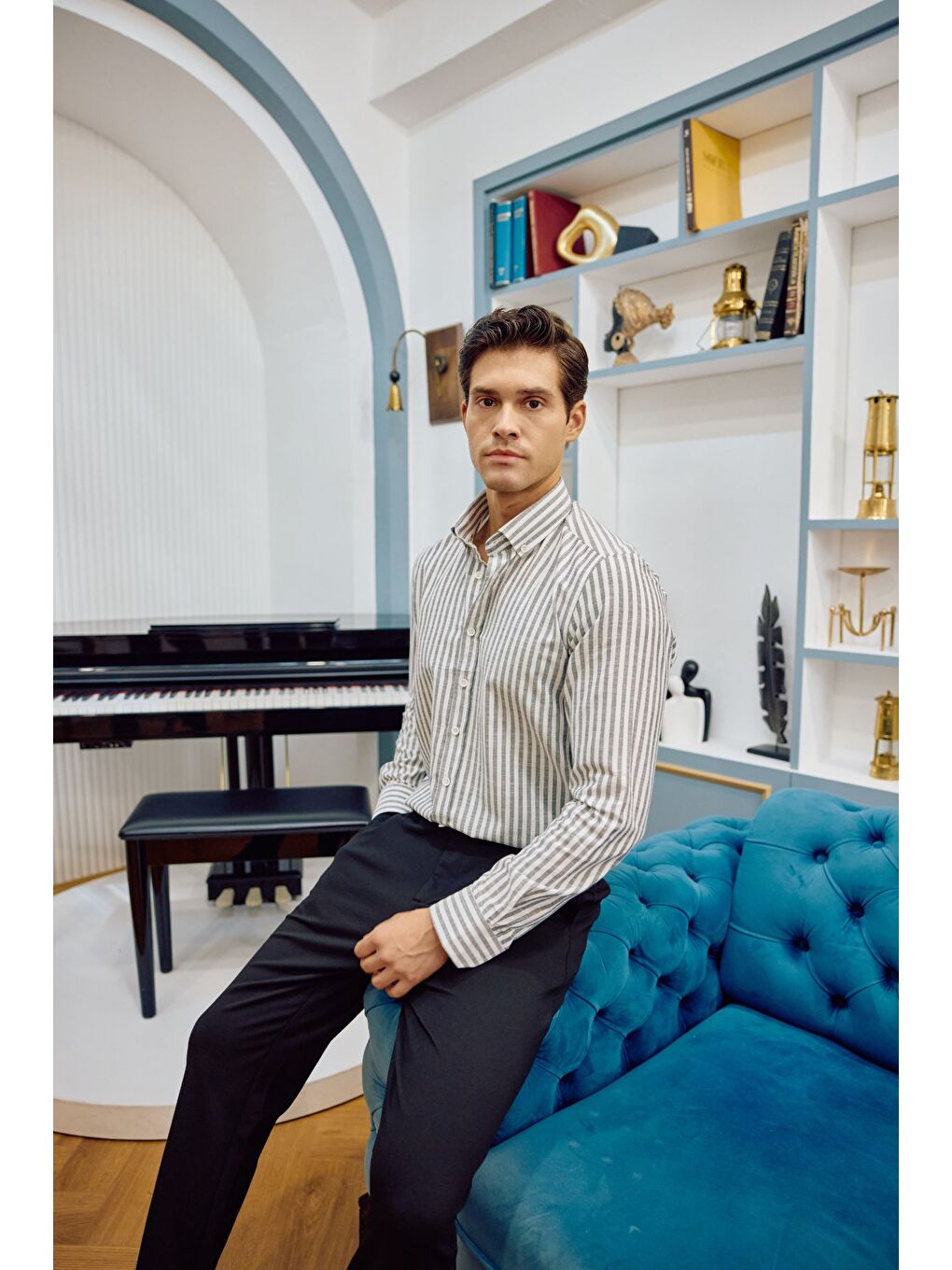 Gri Senoc Erkek Gömlek Modern Slim Fit Keten Görünümlü Kalın Çizgili-5