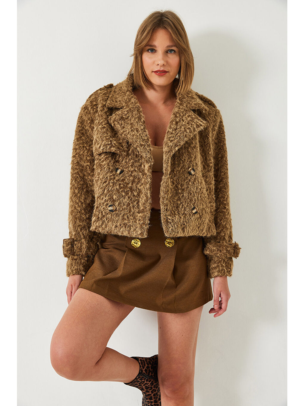 Kahverengi Kadın Kırçıllı Astarlı Kaşe Ceket-6