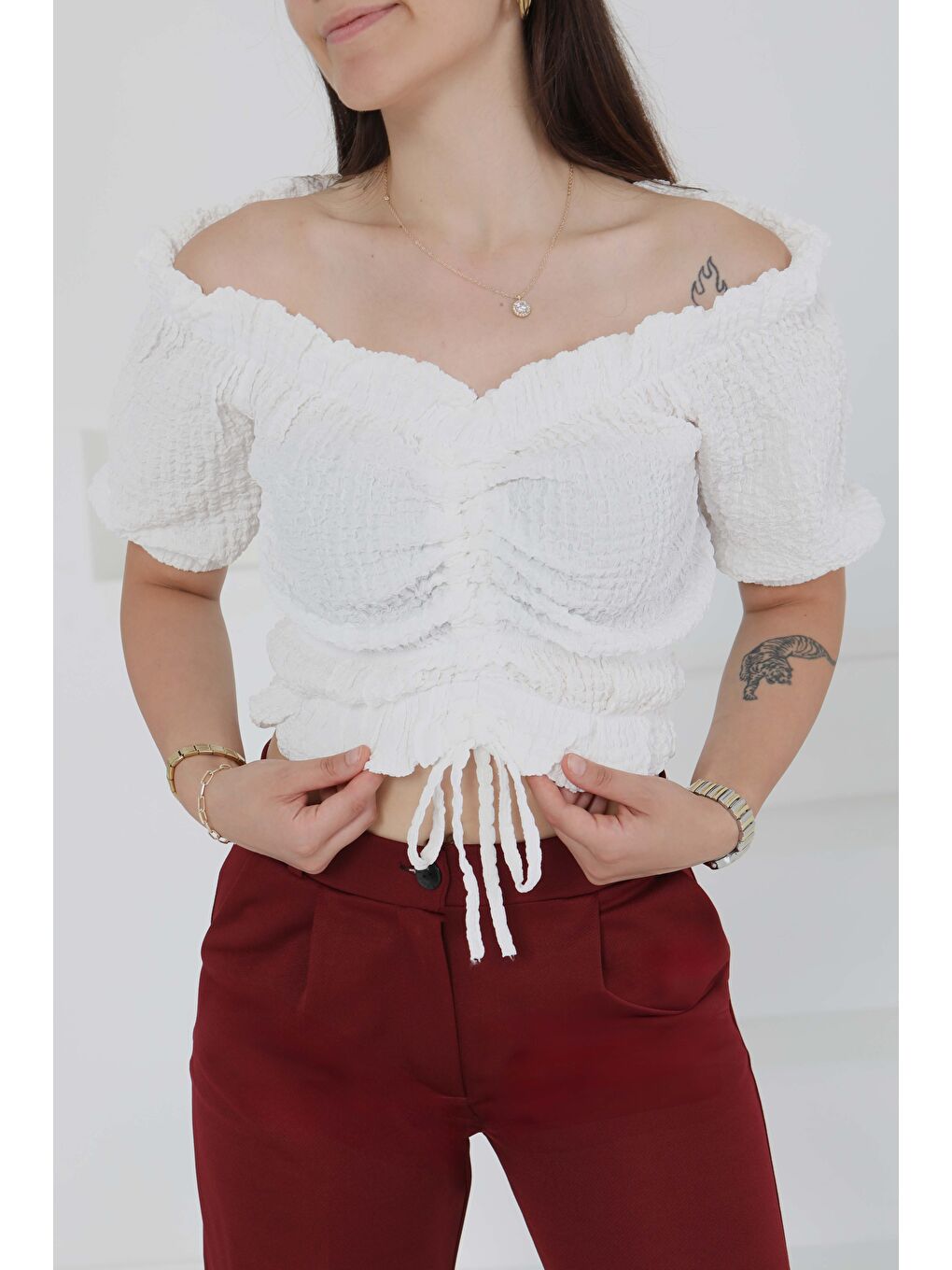 Buffle Büzgülü Crop Beyaz - 27485