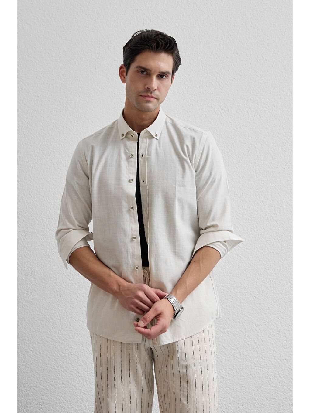 Bej Turi Erkek Pamuk Gömlek Modern Slim Fit Keten Görünümlü Uzun Kol-2
