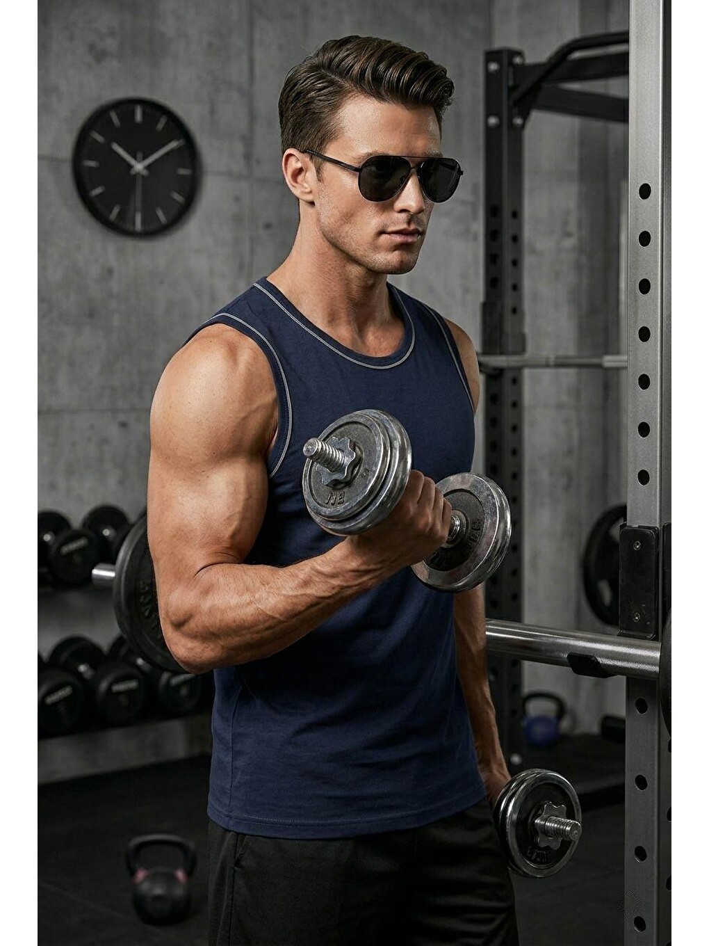 Lacivert Biye Detaylı Bisiklet Yaka Erkek Atlet - Fitness ve Günlük Stil-2