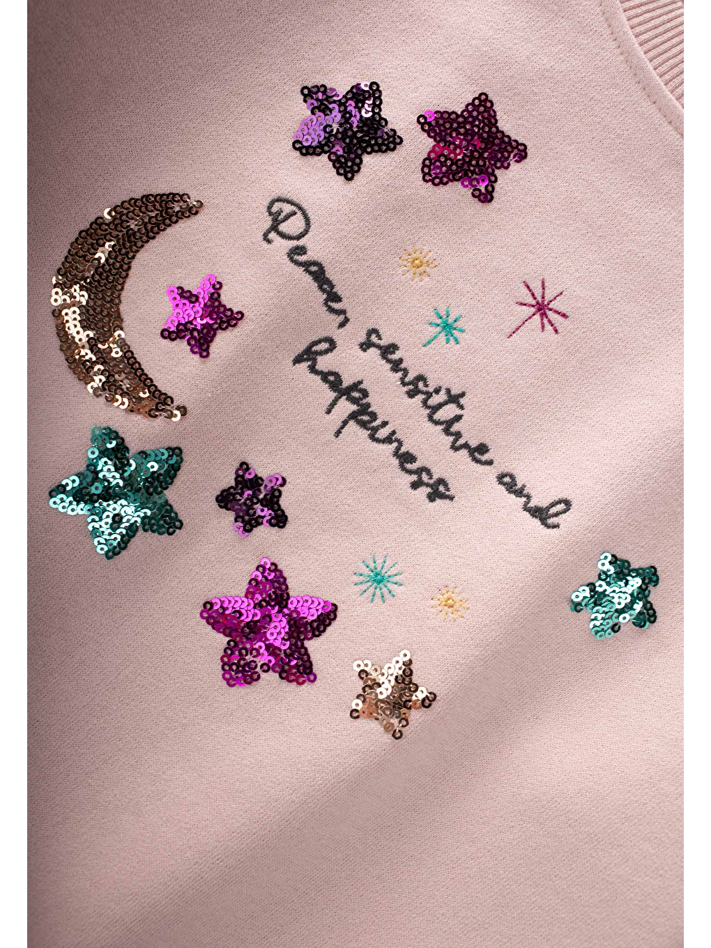 Pullu Ay Yıldız Nakışlı Sweatshirt 2-8 Yaş Pudra Pembe-2