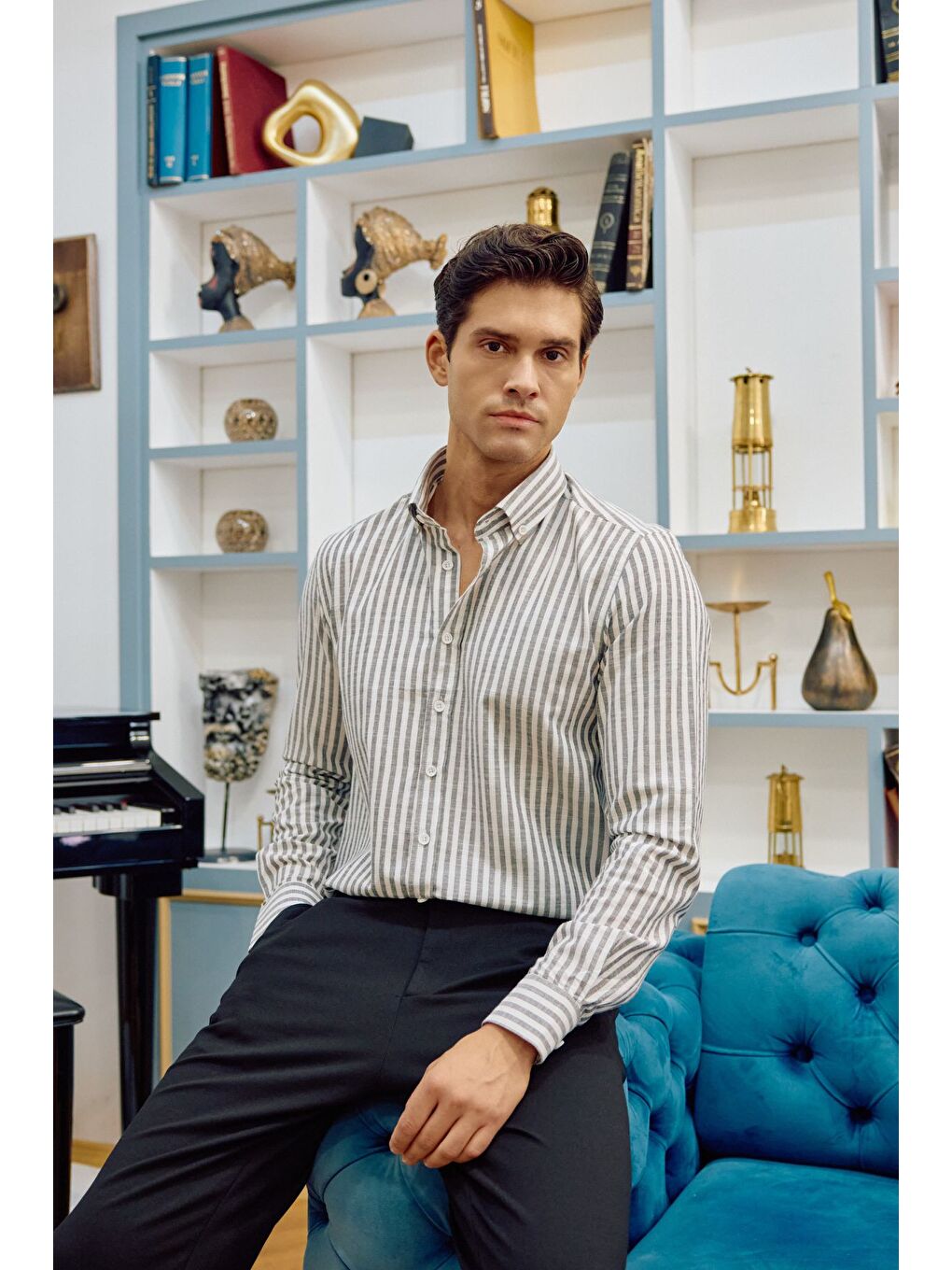 Gri Senoc Erkek Gömlek Modern Slim Fit Keten Görünümlü Kalın Çizgili-6