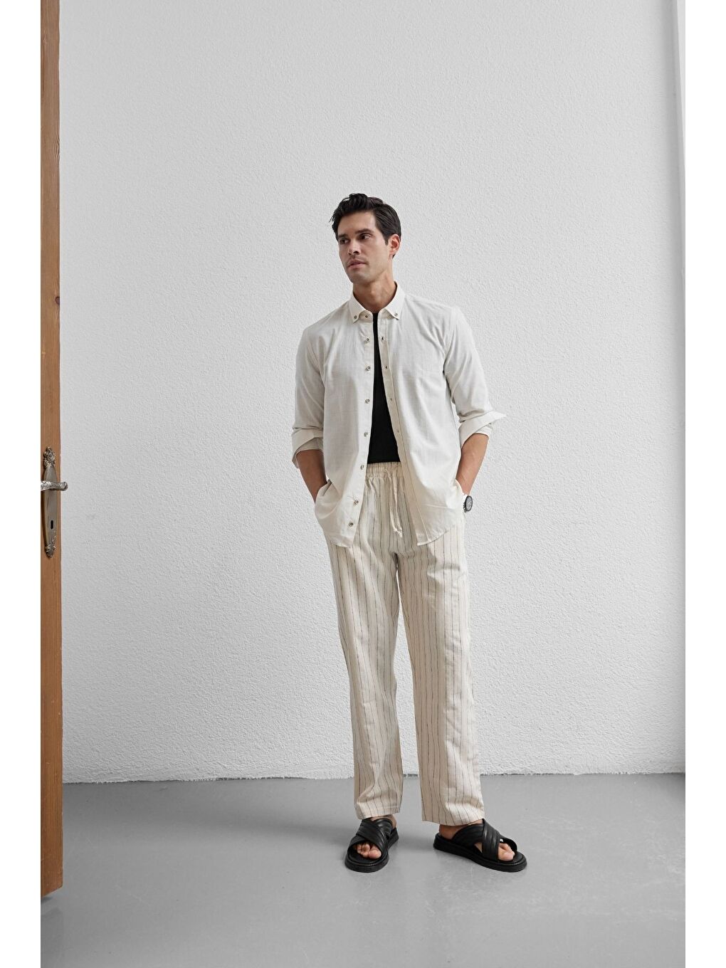 Bej Turi Erkek Pamuk Gömlek Modern Slim Fit Keten Görünümlü Uzun Kol-3