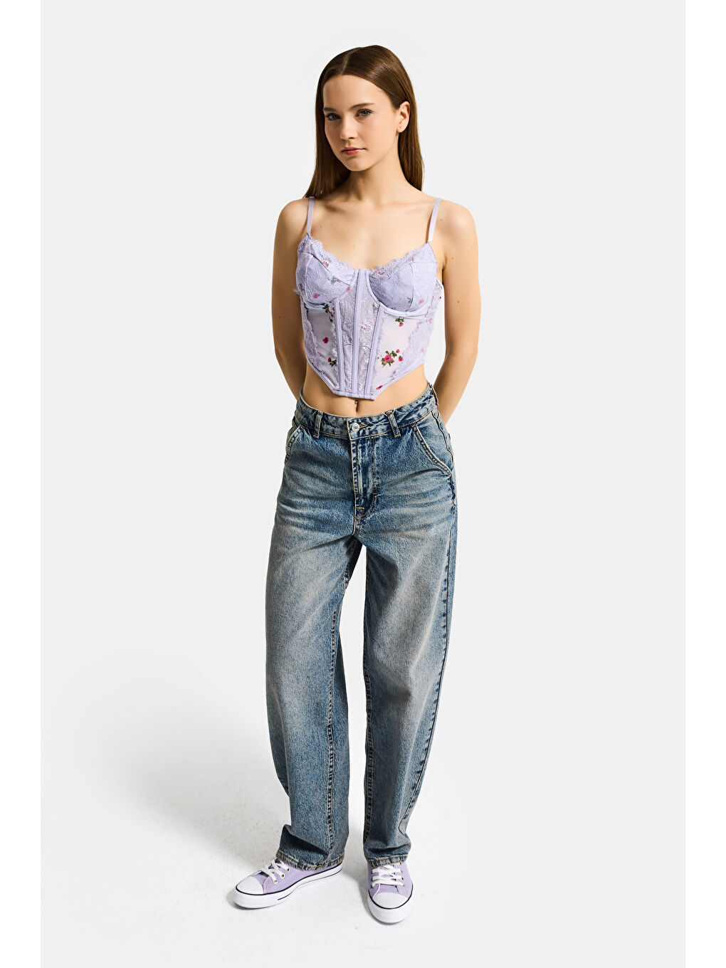 Mor Kadın Lila w5 Balenli Dantel Çiçek Desenli Özel Tasarım Askılı Büstiyer-3