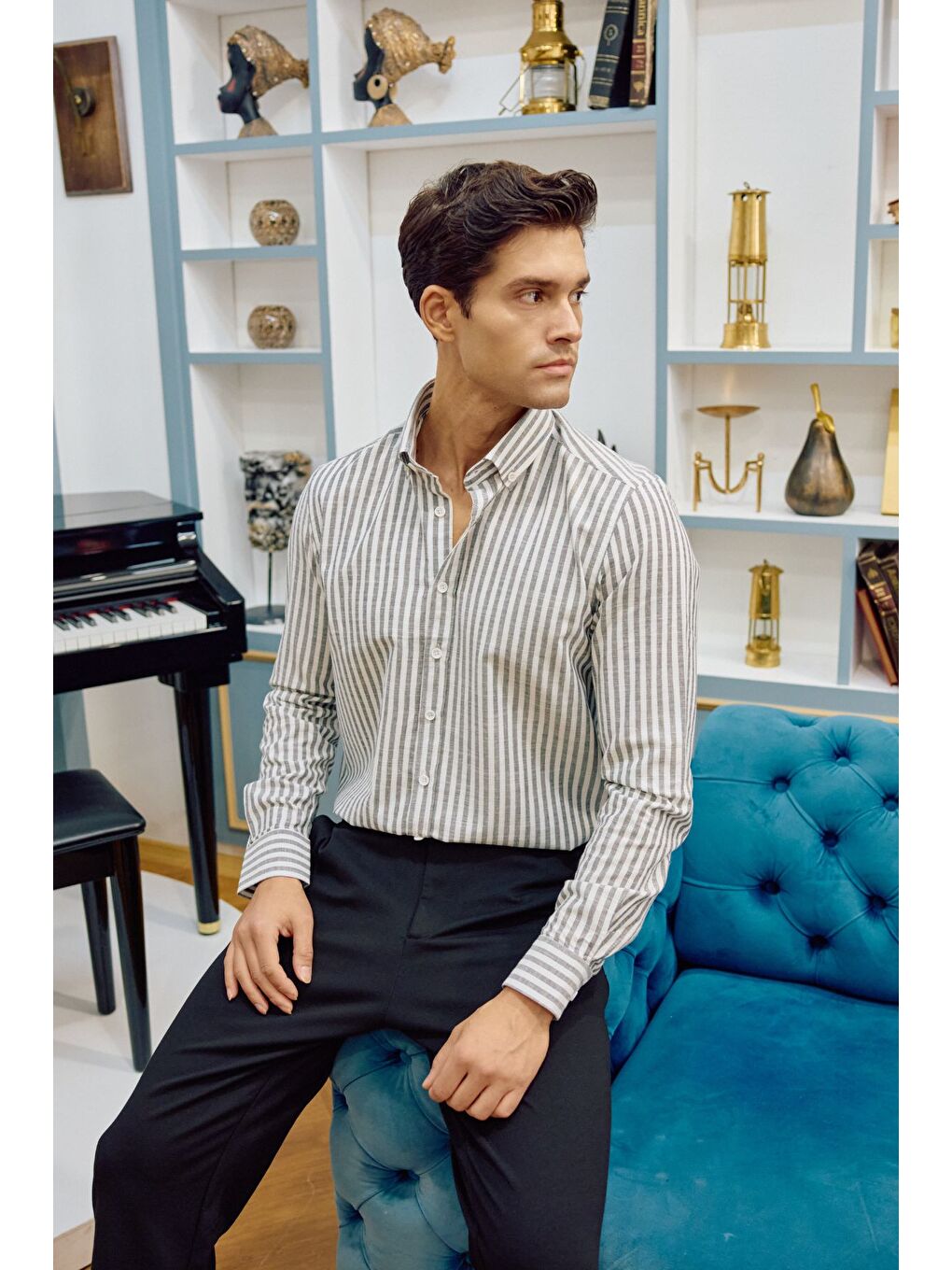 Gri Senoc Erkek Gömlek Modern Slim Fit Keten Görünümlü Kalın Çizgili-7