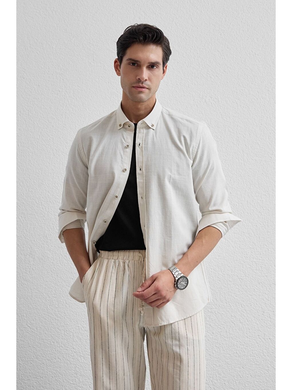 Bej Turi Erkek Pamuk Gömlek Modern Slim Fit Keten Görünümlü Uzun Kol-4