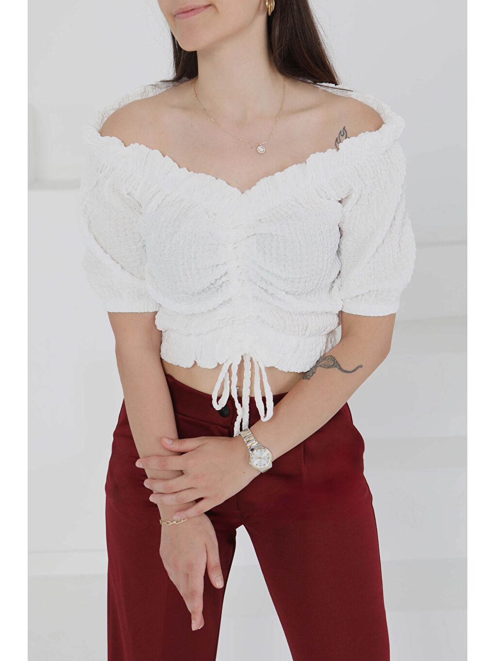 Buffle Büzgülü Crop Beyaz - 27485-1