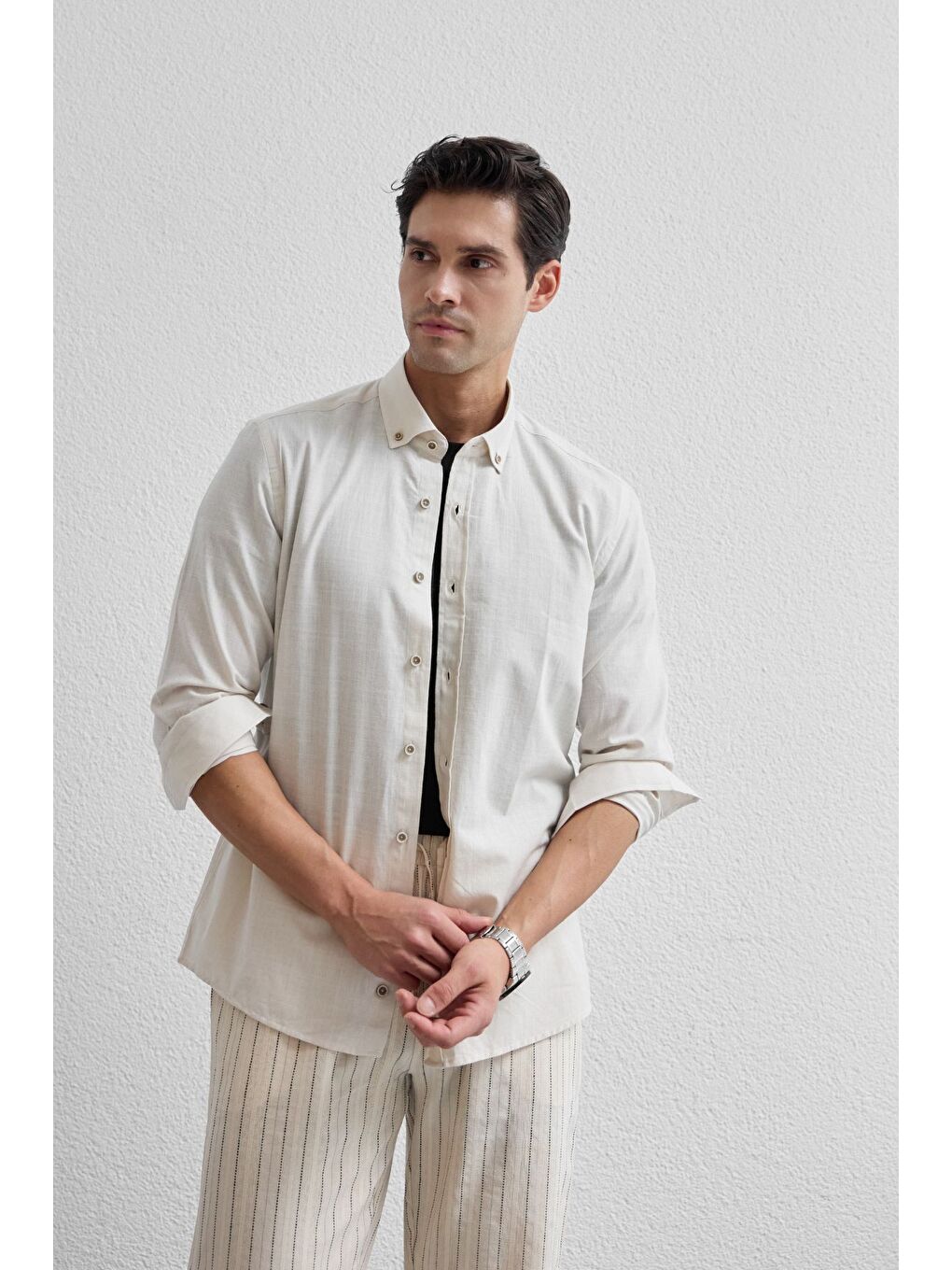 Bej Turi Erkek Pamuk Gömlek Modern Slim Fit Keten Görünümlü Uzun Kol-5