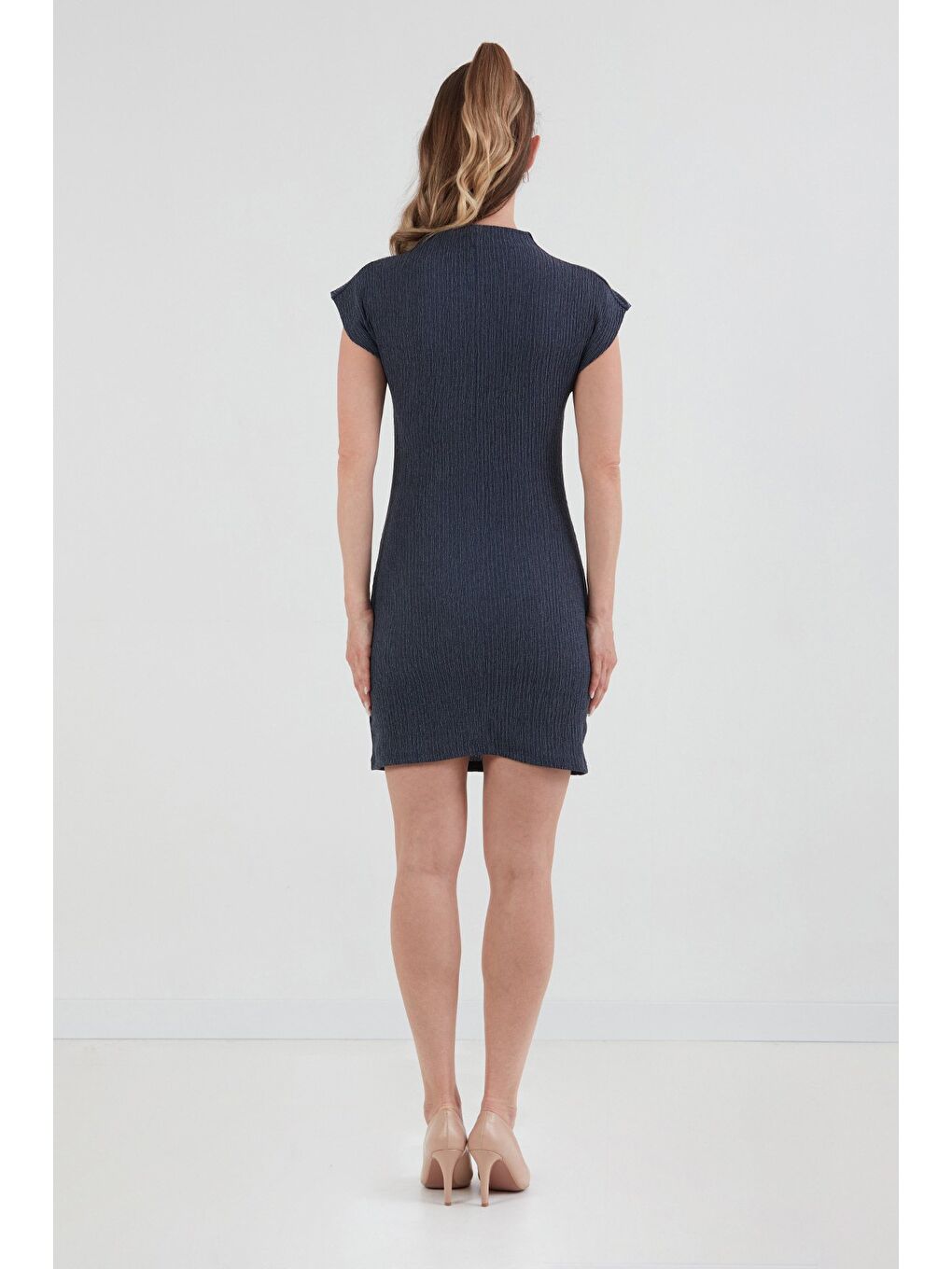 İndigo Bürümcük Kumaş Drapeli Dik Yaka Elbise-3