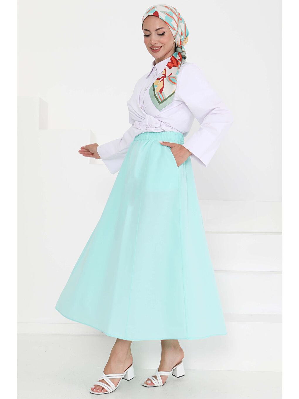 Turkuaz Cepli Keten Etek Su Yeşili - 27294-1