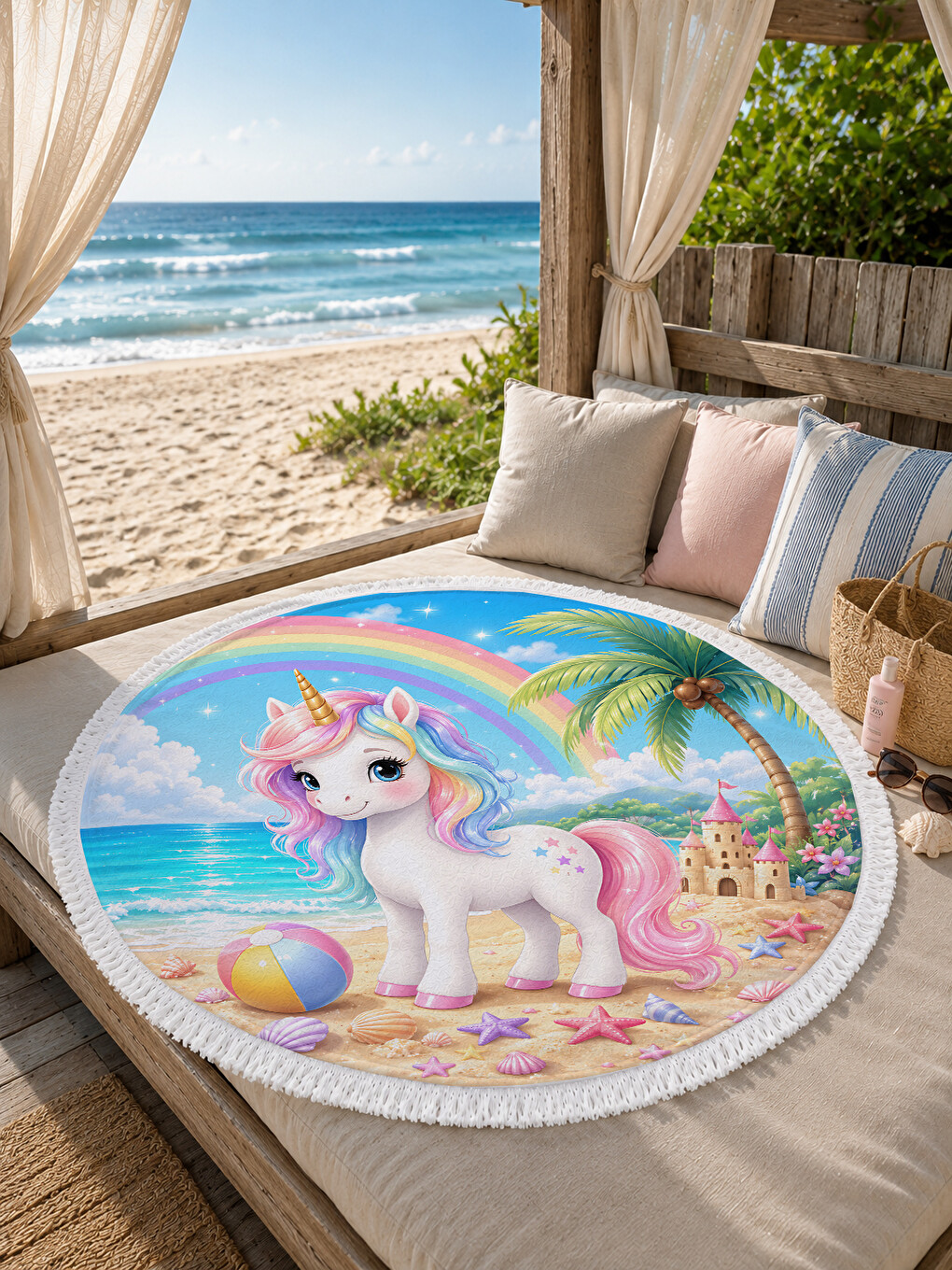 Pembe 150 Cm Yuvarlak Çocuk Plaj Havlusu ve Temalı Kız Çocuk Havlusu-1