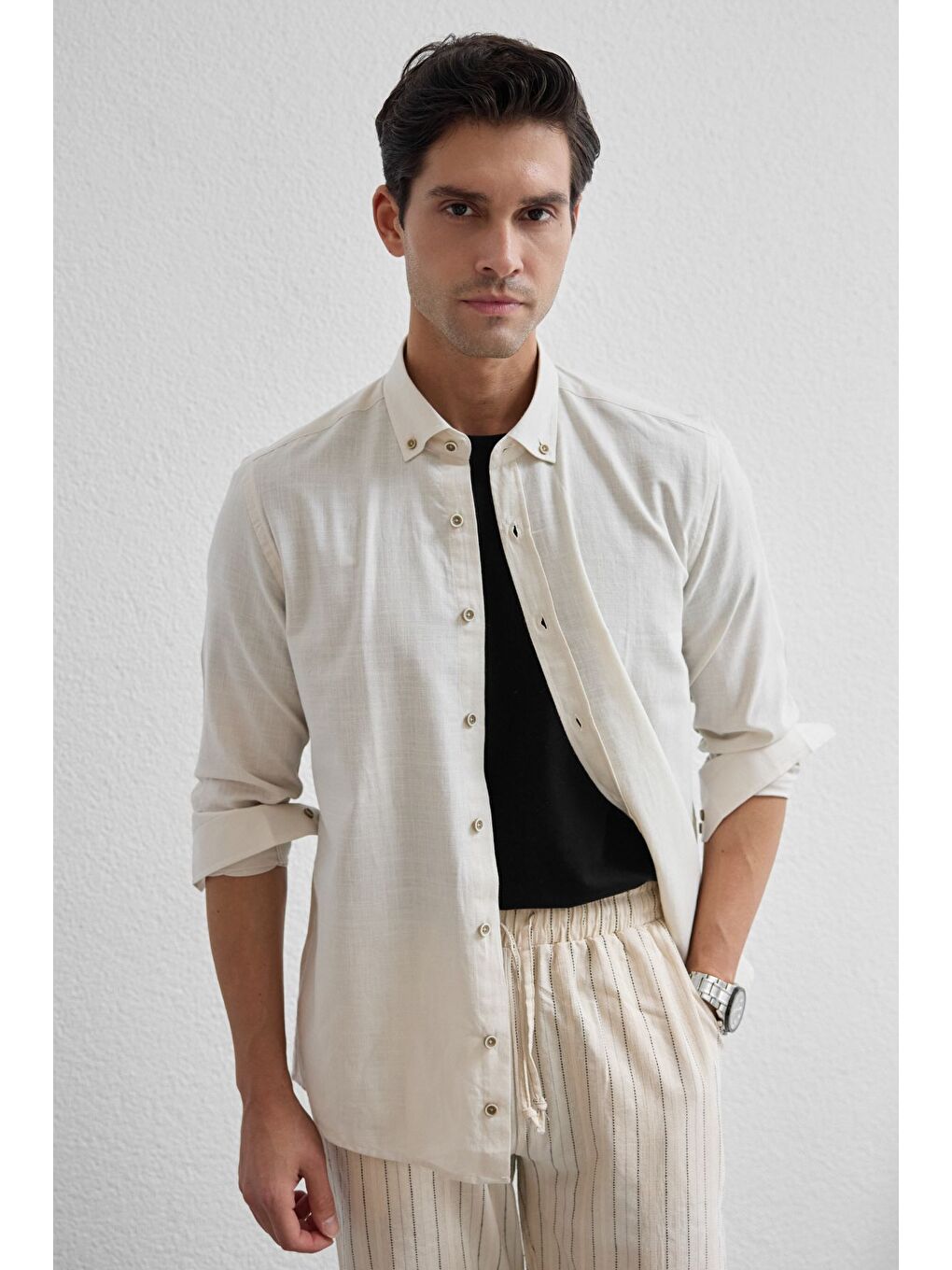 Bej Turi Erkek Pamuk Gömlek Modern Slim Fit Keten Görünümlü Uzun Kol-6