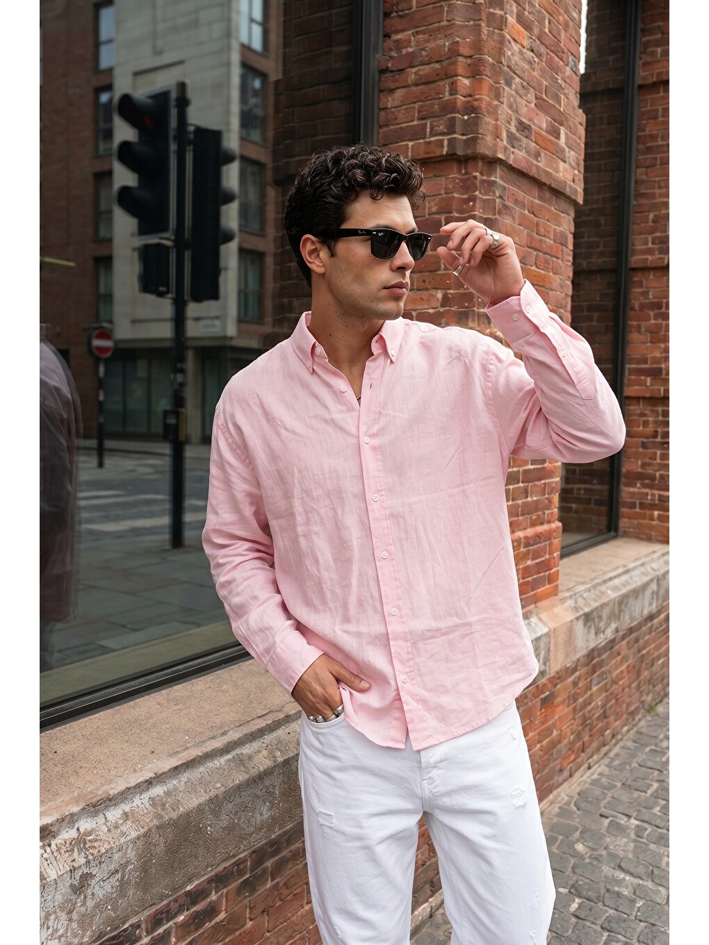 Pembe Kora Premium %100 Pamuk Keten Oversize Erkek Düğmeli Yaka Gömlek