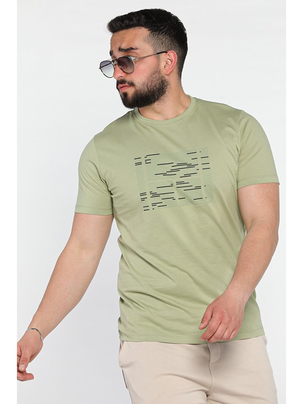 Haki Bisiklet Yaka Ön Baskılı Erkek Tişört-1