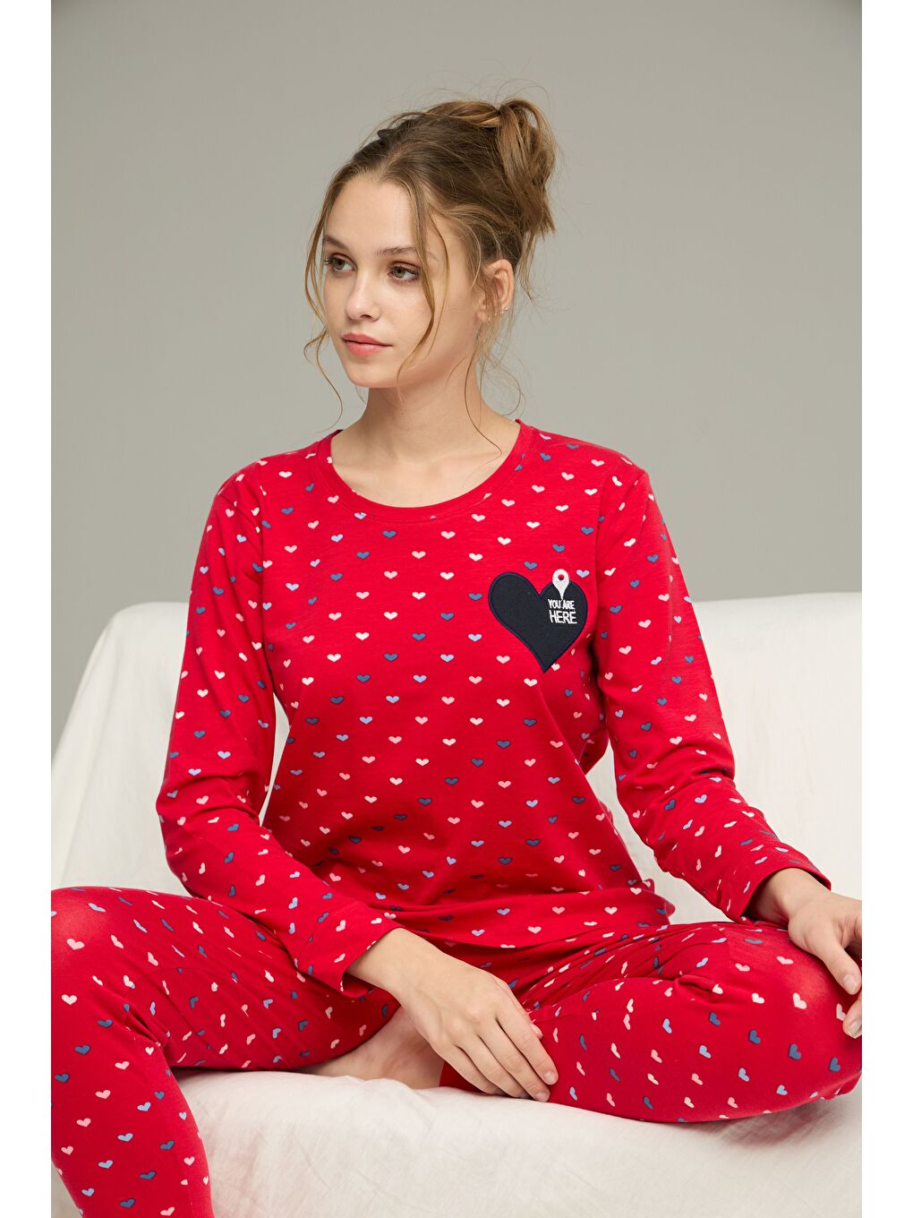 Kırmızı Kalp Desenli Pamuklu Bisiklet Yaka Örme Pijama Takım25241153