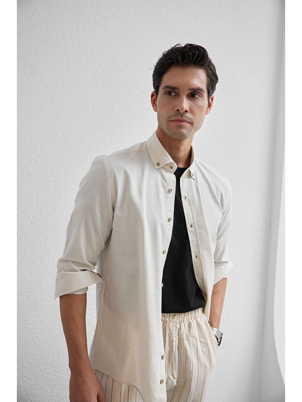 Bej Turi Erkek Pamuk Gömlek Modern Slim Fit Keten Görünümlü Uzun Kol-7