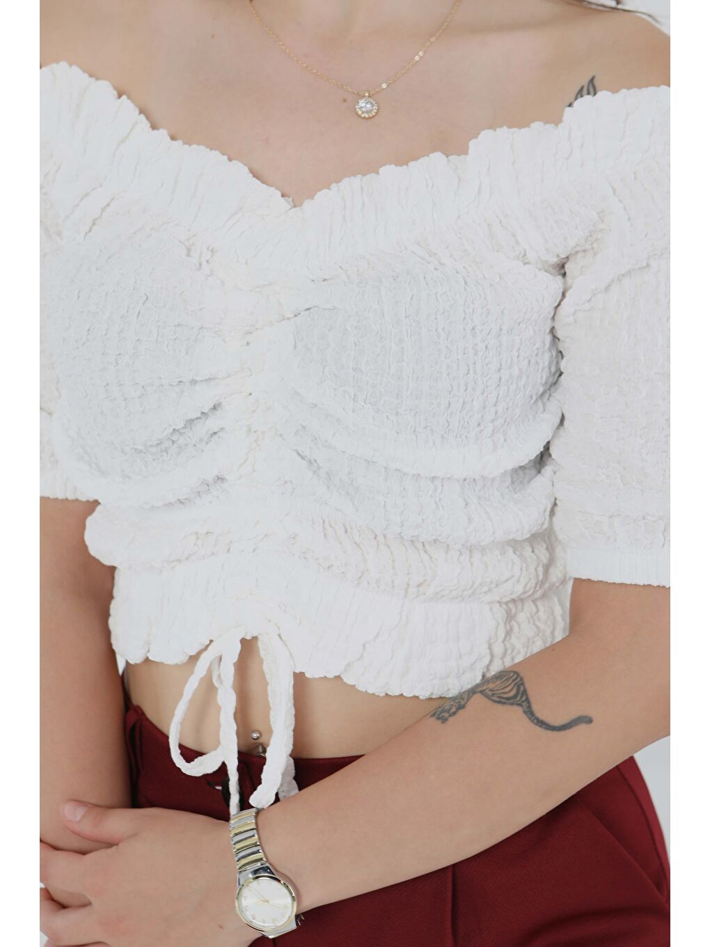 Buffle Büzgülü Crop Beyaz - 27485-2