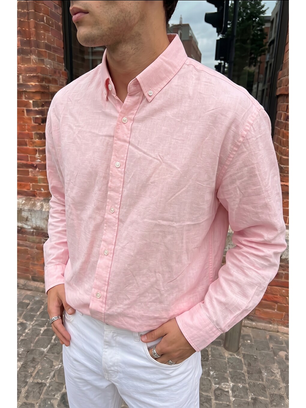 Pembe Kora Premium %100 Pamuk Keten Oversize Erkek Düğmeli Yaka Gömlek-1