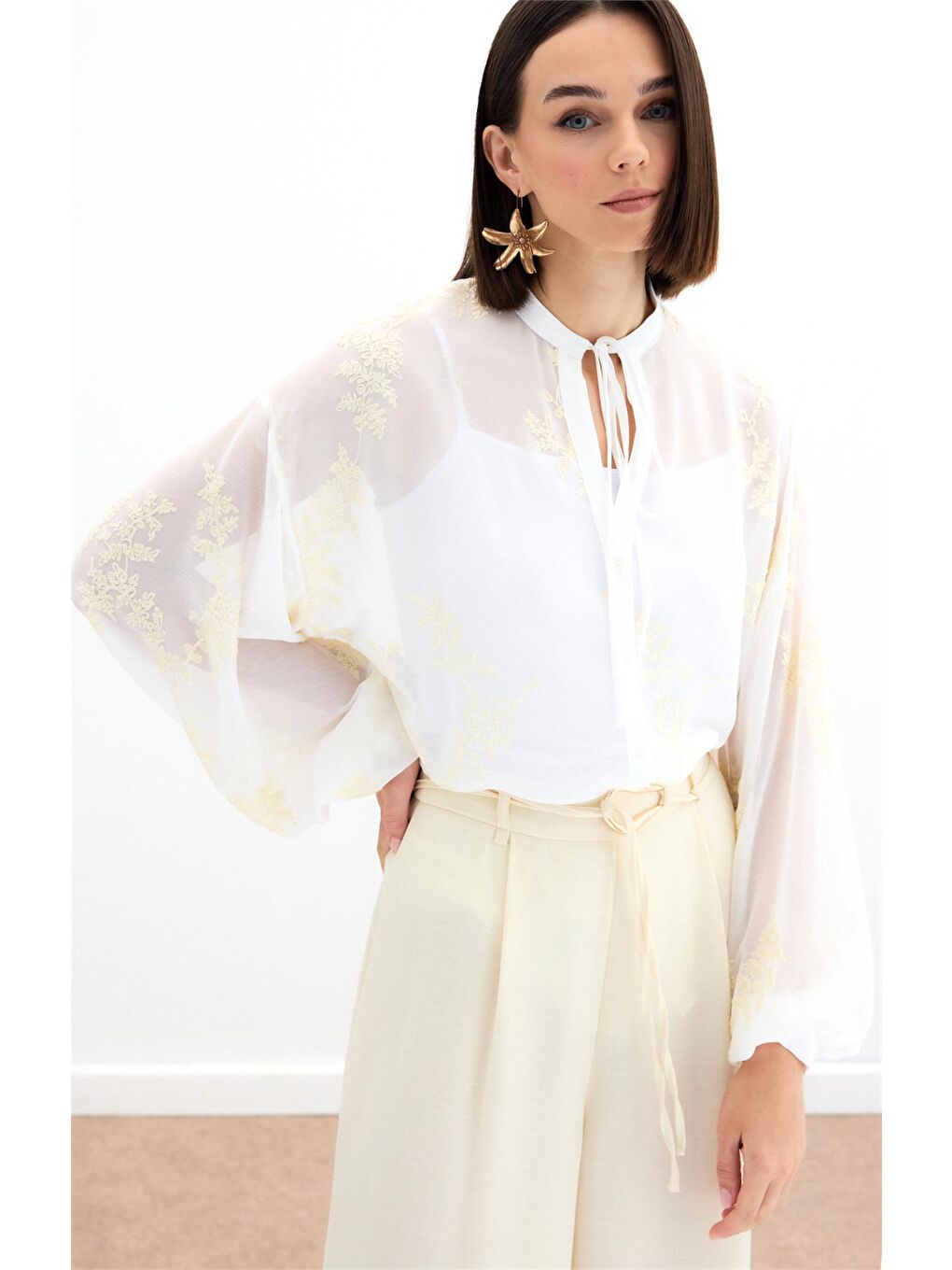 Ekru Nakışlı Şifon Gömlek - Krem-4