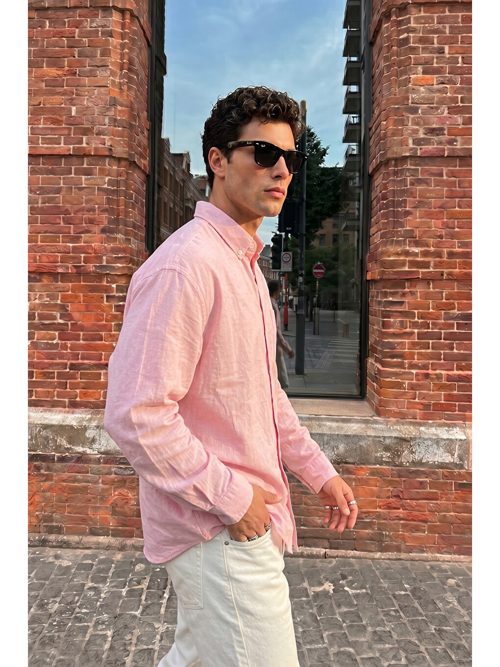 Pembe Kora Premium %100 Pamuk Keten Oversize Erkek Düğmeli Yaka Gömlek-2