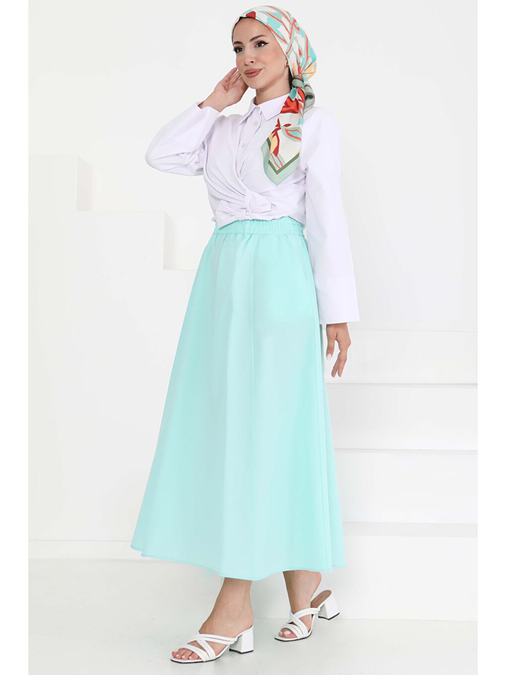 Turkuaz Cepli Keten Etek Su Yeşili - 27294-2