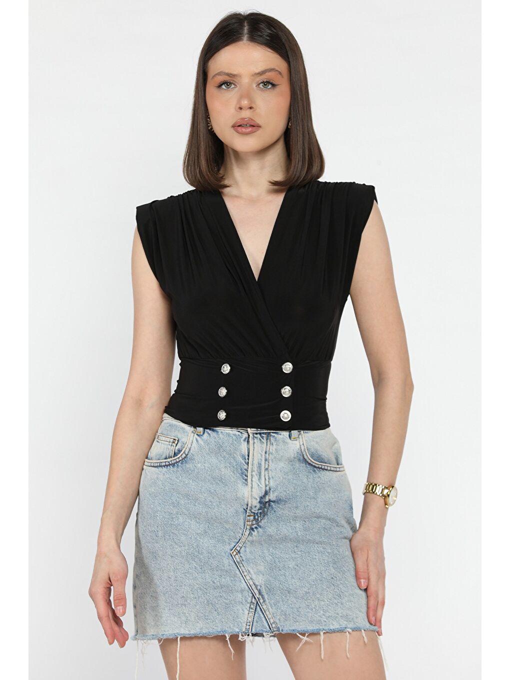 Siyah Kadın Kruvaze Yaka Düğme Detaylı Pileli Bluz