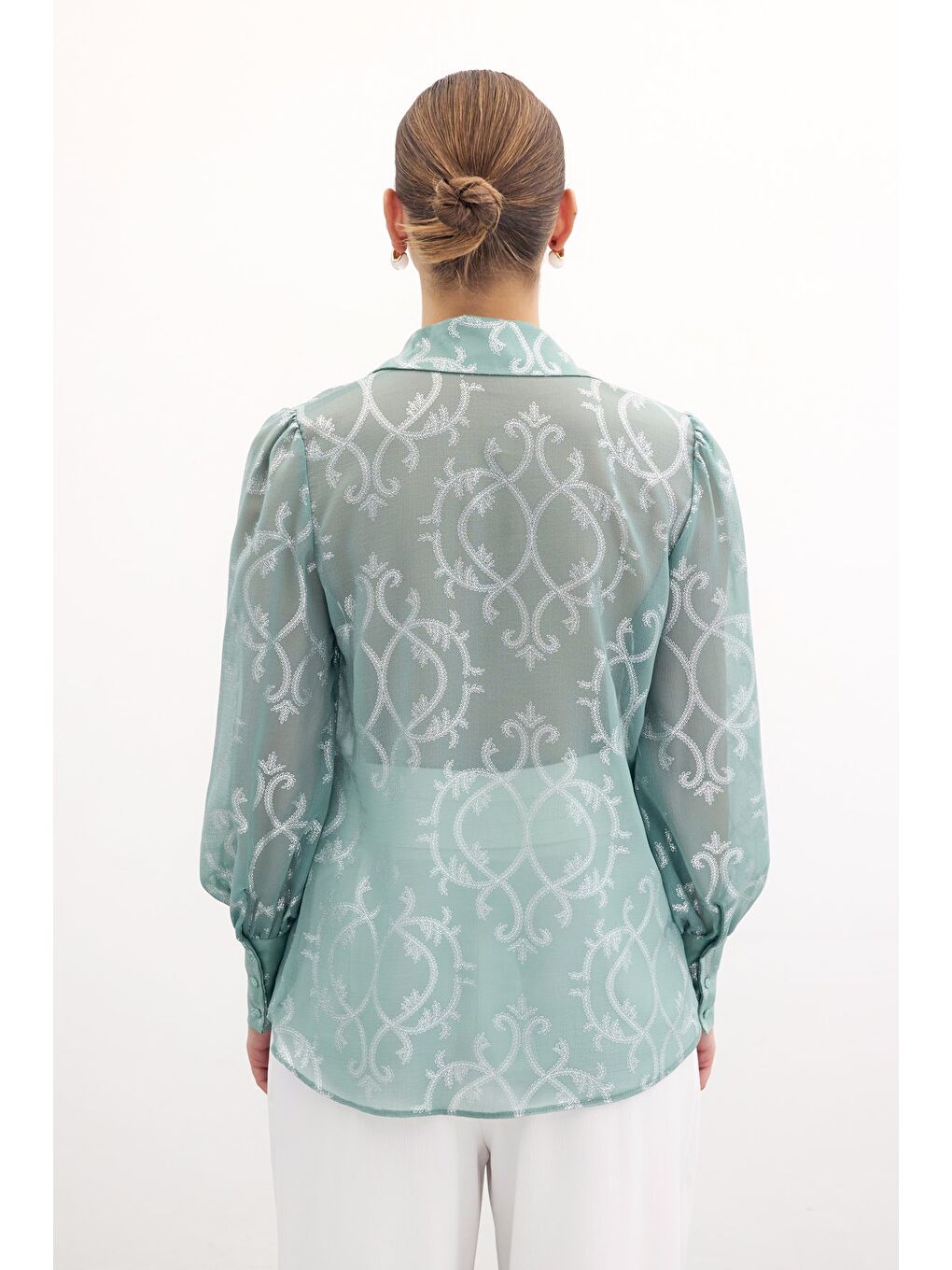 Yeşil Geniş Manşetli Şifon Gömlek - Mint-1