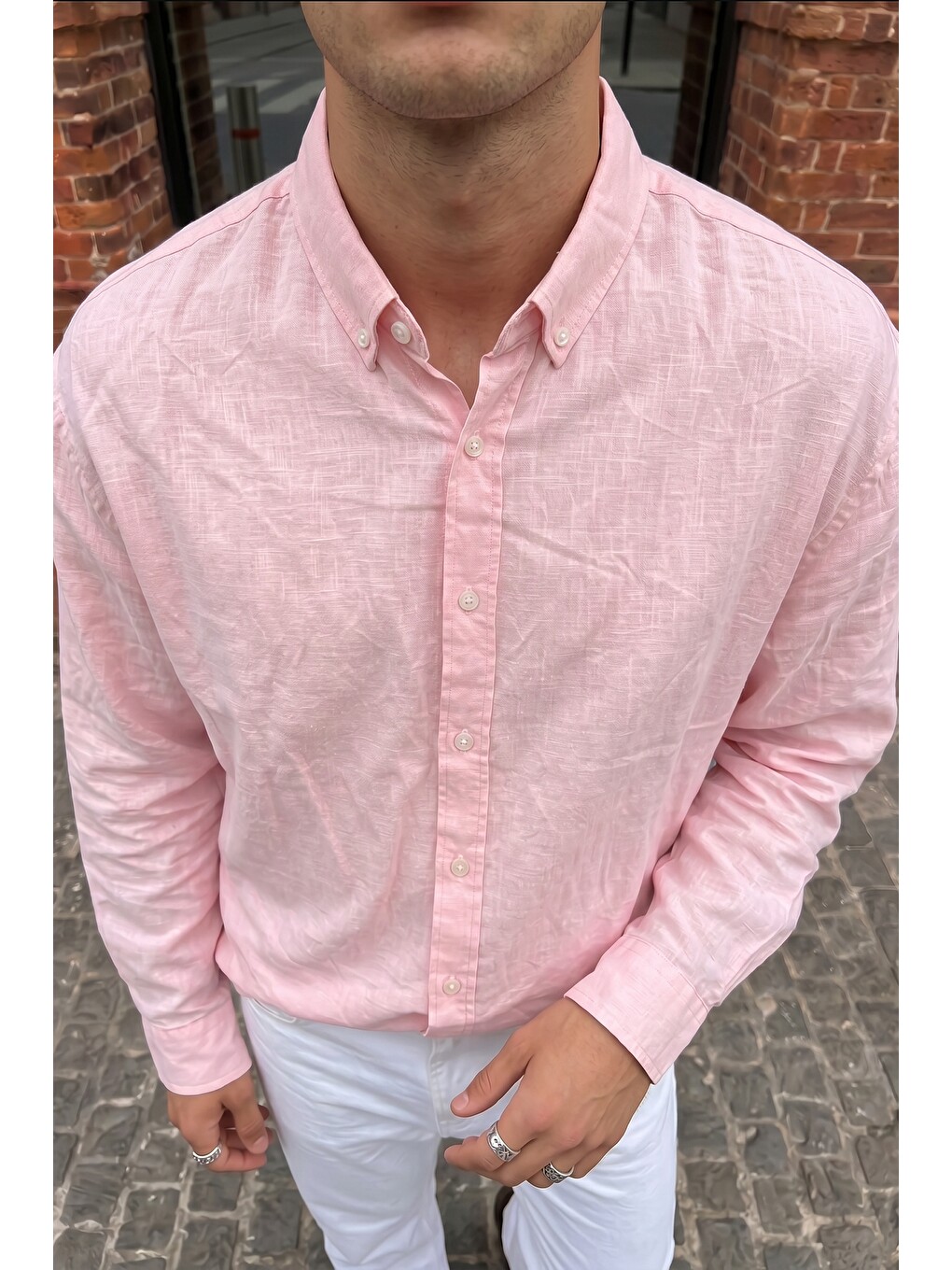 Pembe Kora Premium %100 Pamuk Keten Oversize Erkek Düğmeli Yaka Gömlek-3