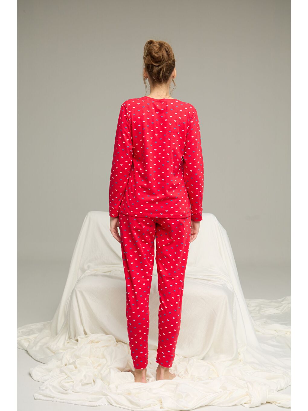 Kırmızı Kalp Desenli Pamuklu Bisiklet Yaka Örme Pijama Takım25241153-1