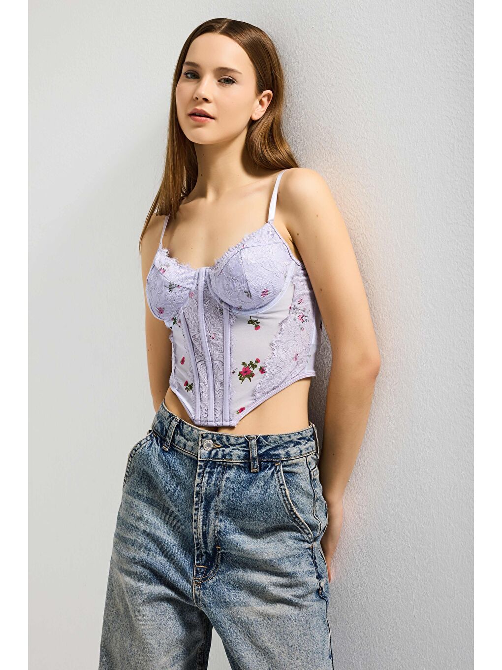 Mor Kadın Lila w5 Balenli Dantel Çiçek Desenli Özel Tasarım Askılı Büstiyer-5