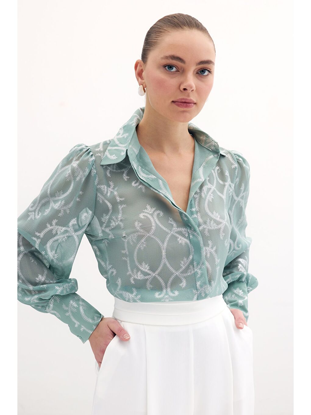 Yeşil Geniş Manşetli Şifon Gömlek - Mint-4