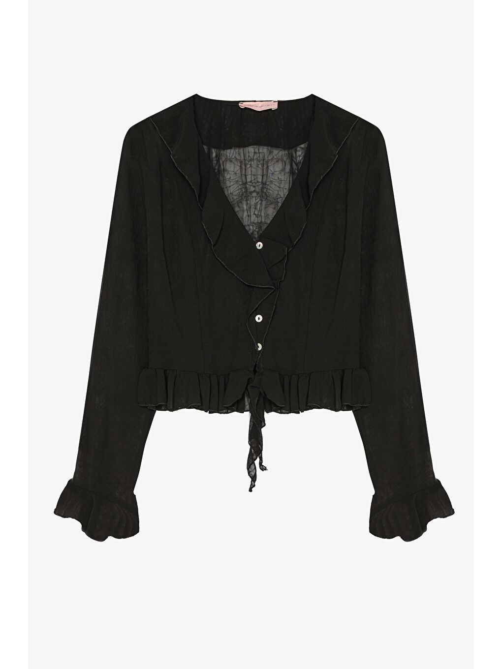 Fırfır Detaylı V Yaka Düğmeli Bluz Siyah-1