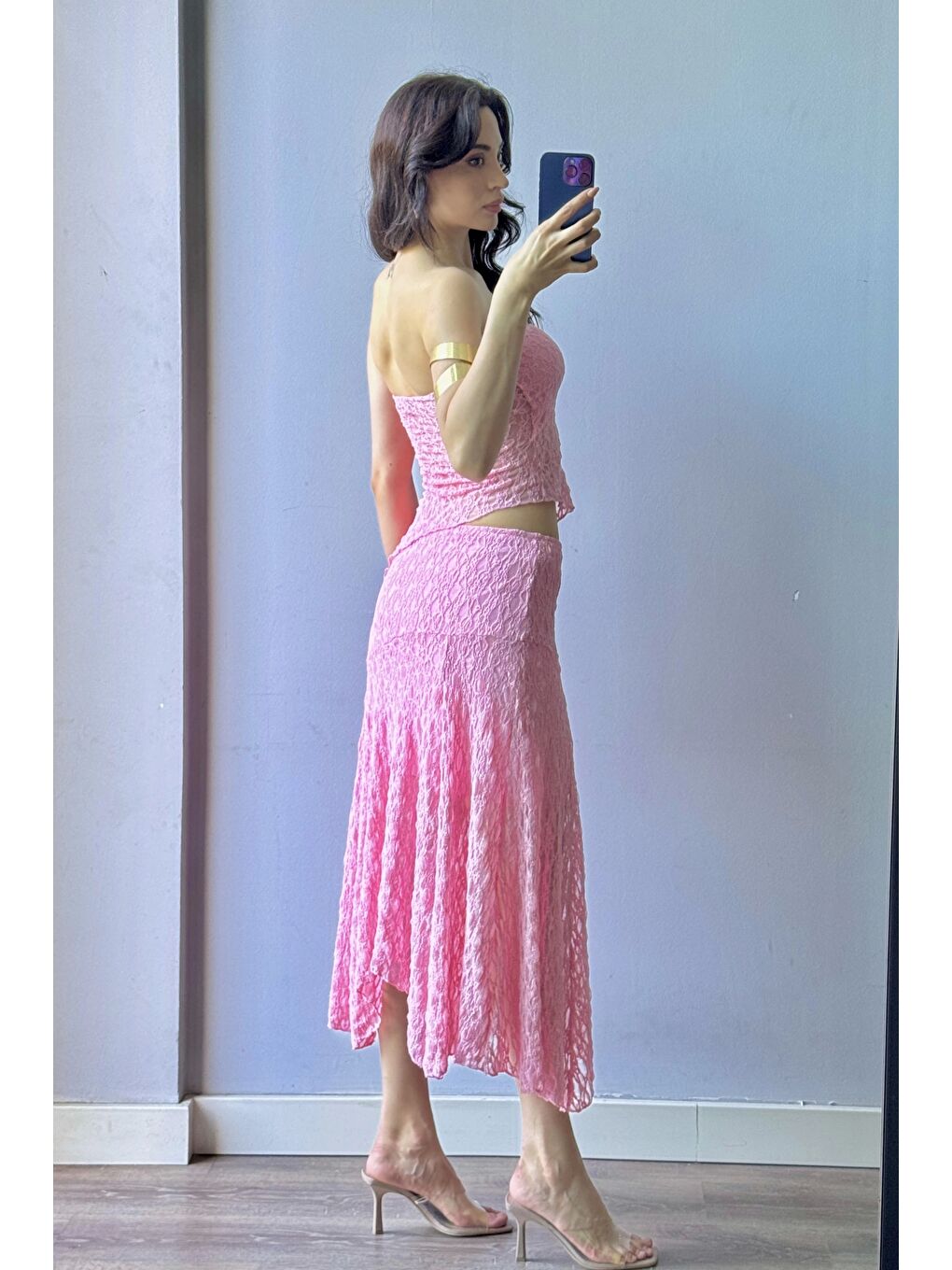 Kadın Pembe Dantel Crop Etek Takım 1026-221725-3