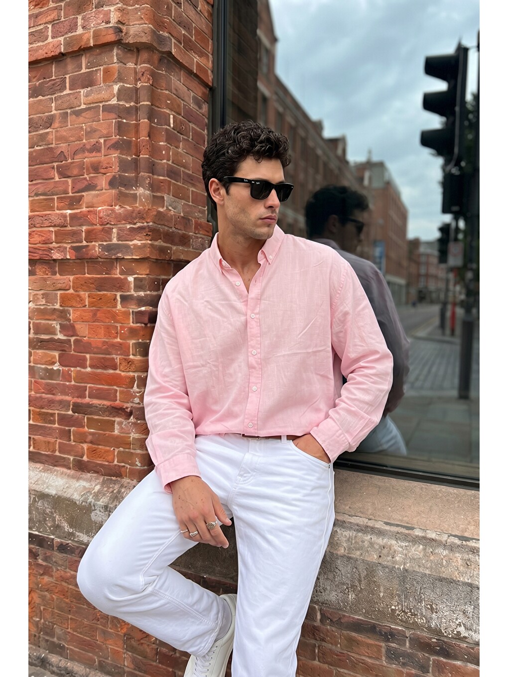 Pembe Kora Premium %100 Pamuk Keten Oversize Erkek Düğmeli Yaka Gömlek-4