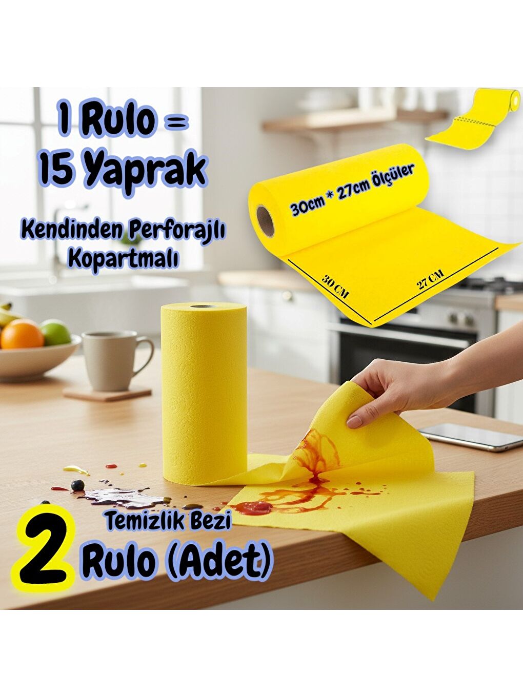 Softtex 15 Kesimli Sarı Kopar Kullan Rulo Temizlik Bezi 27x30 Cm 2'li