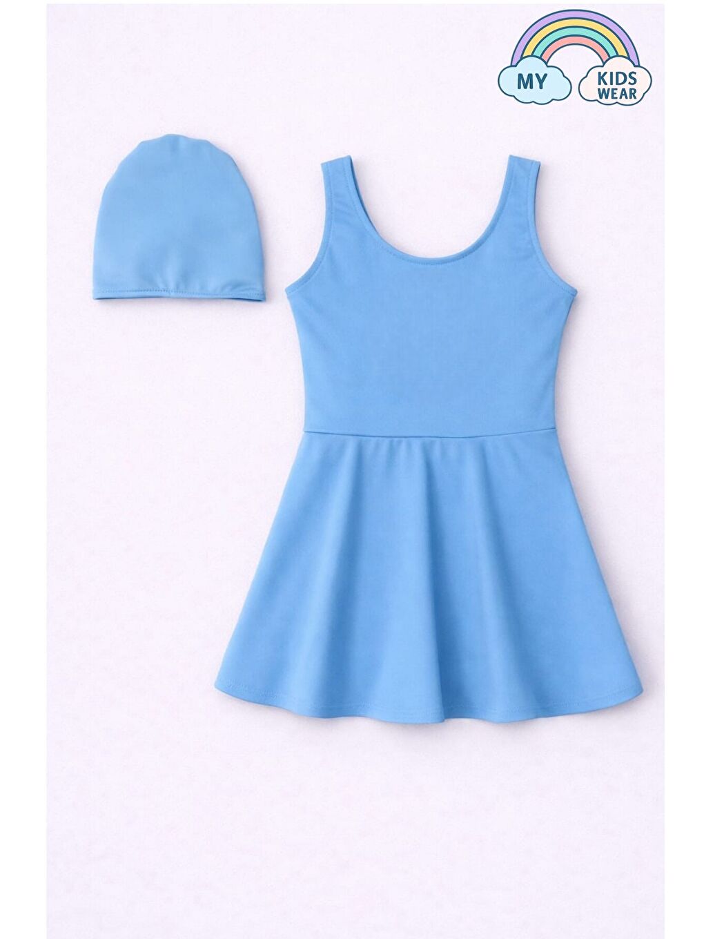 Mavi Kız Çocuk Şapkalı Etekli Mayo Takımı (Külotlu Mayo) 12705