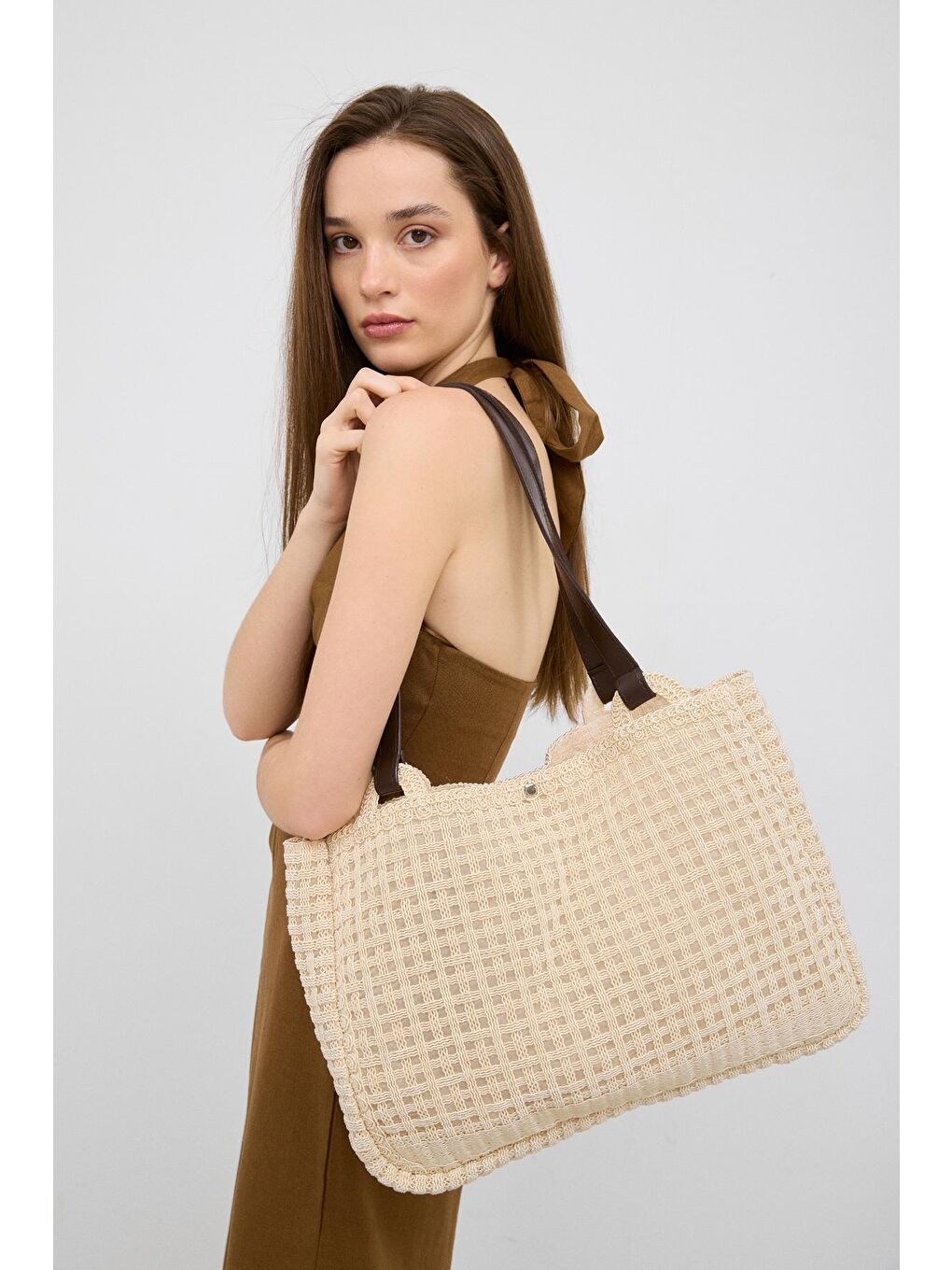 Ekru Fabri Big Size Makrome Omuz Çantası Krem-1