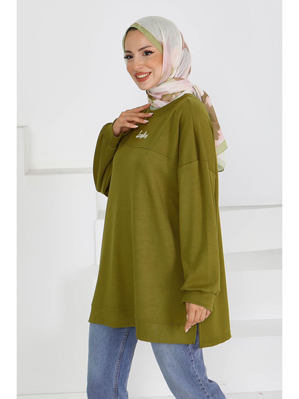 Önü Baskılı Biyeli İki İplik Sweatshirt Haki - 27609-1