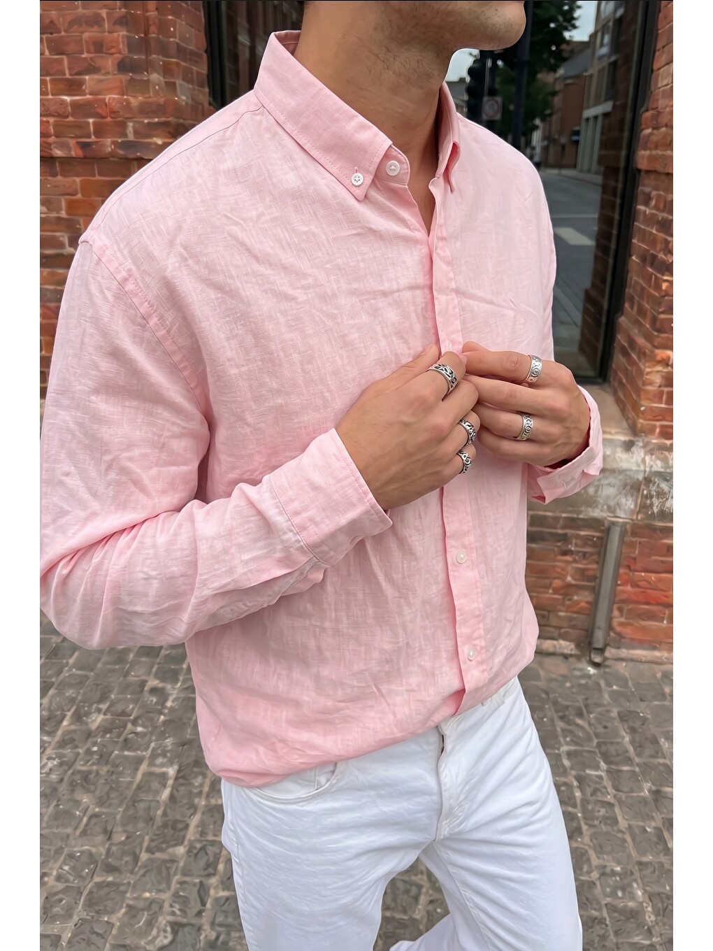 Pembe Kora Premium %100 Pamuk Keten Oversize Erkek Düğmeli Yaka Gömlek-5