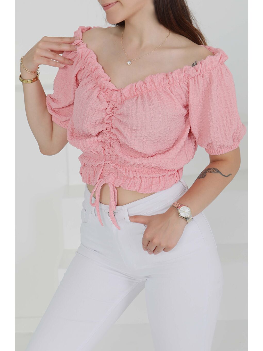 Buffle Büzgülü Crop Pembe - 27485