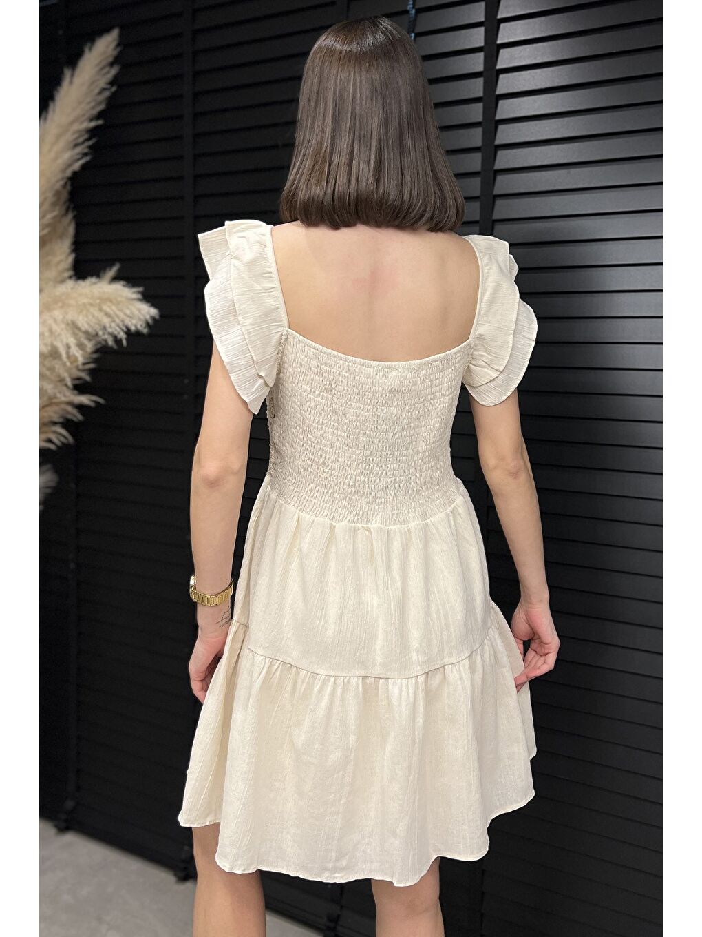 Bej Güpürlü Sıfır Kol Keten Elbise-2