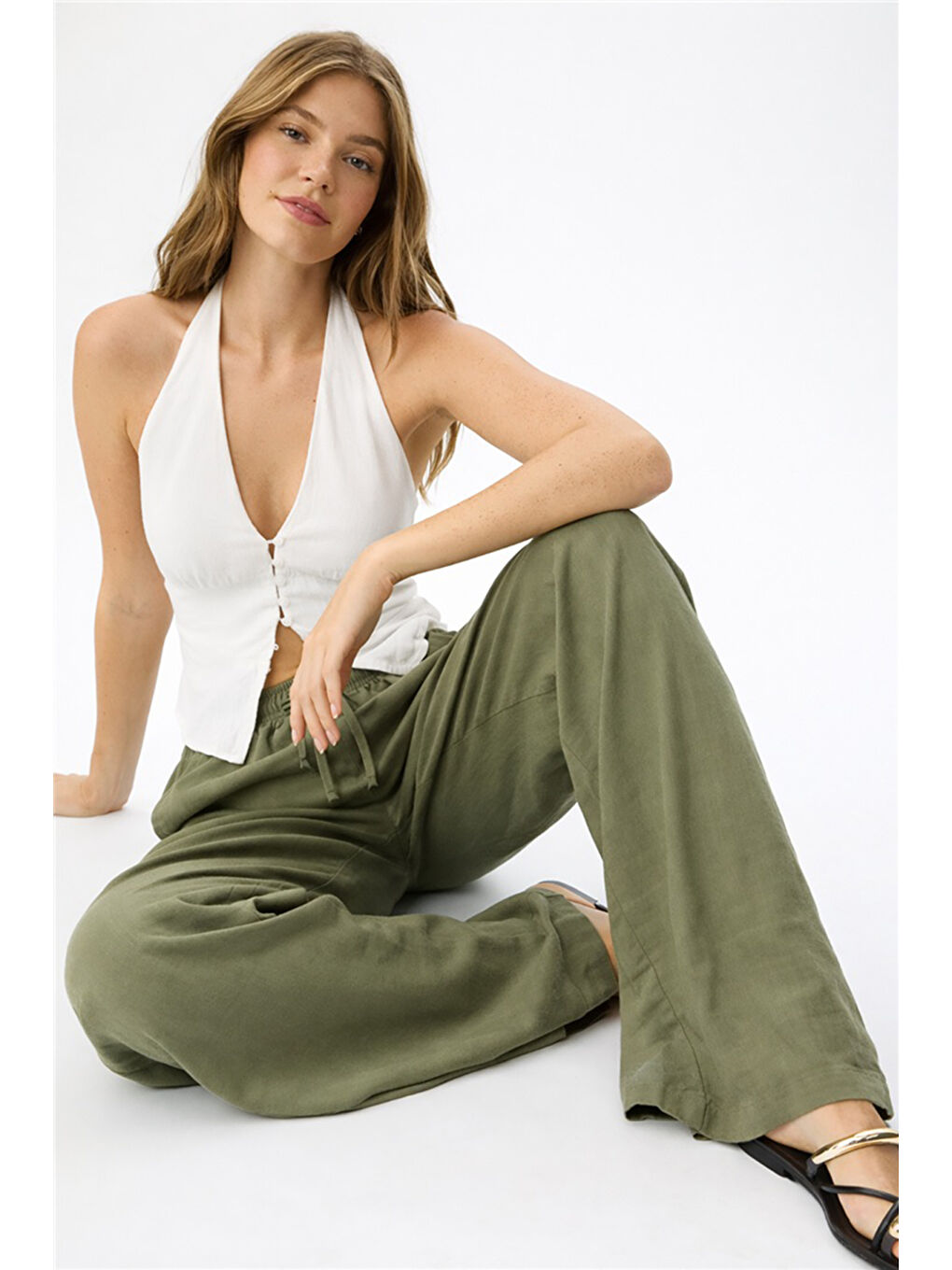 Haki Pamuk ve Keten Karışımlı Yüksek Bel Kadın Pantolon 26Y0608K1-1